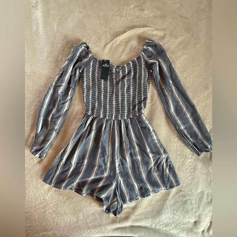 Hollister Navy and White NWT Lightweight Long Sleeve Striped Romper